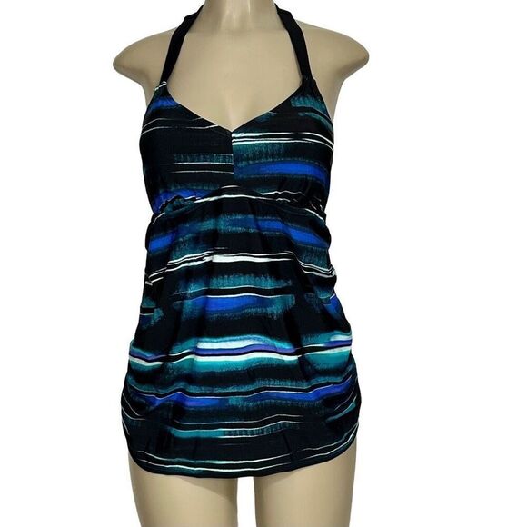Liz Lange Maternity Tankini Women's Medium Water Color Stripe Halter Swimsuit - Picture 5 of 11